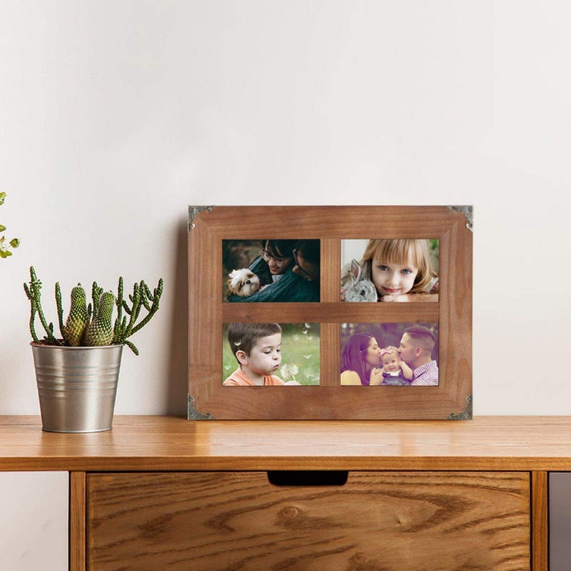 LOSOUR 4x6 picture frames collage, Window Pane 4 Opening 4x6 picture frame with Decorative Metal Corners for Table Top Display and Wall mounting Photo Frame (Brown, 16.2x12.2 inch) - Image 4